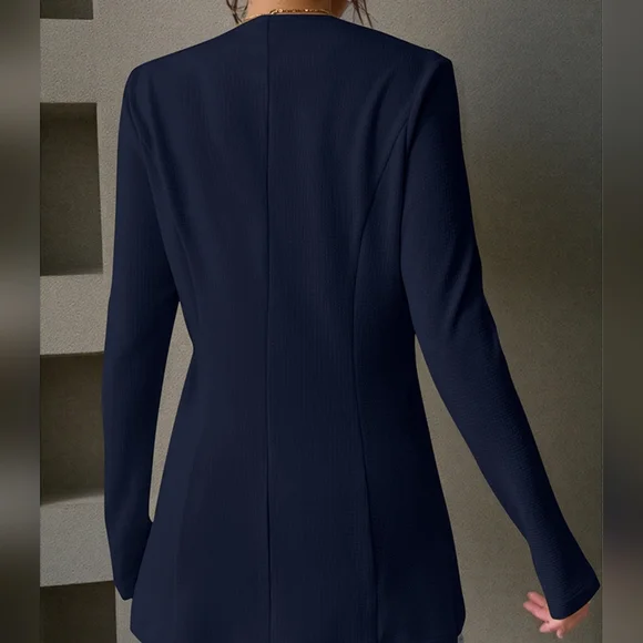 Navy Blue Women's One Button Blazer - Picture 4 of 6